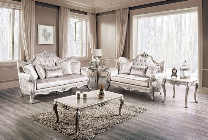 FM65001WH 2 pc Acapulco off white patterned fabric traditional sofa and love seat set with wood trim