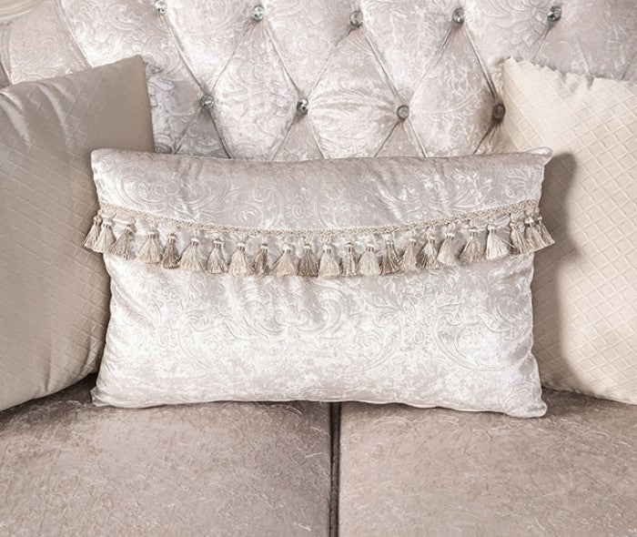 FM65001WH 2 pc Acapulco off white patterned fabric traditional sofa and love seat set with wood trim
