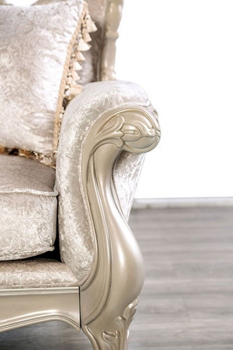 FM65001WH 2 pc Acapulco off white patterned fabric traditional sofa and love seat set with wood trim