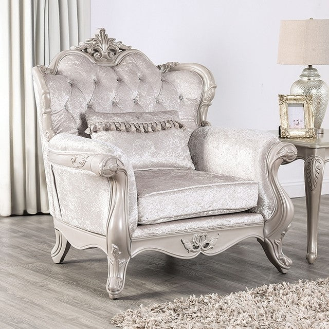 FM65001WH-CH Acapulco off white patterned fabric traditional chair with wood trim