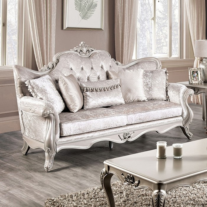 FM65001WH 2 pc Acapulco off white patterned fabric traditional sofa and love seat set with wood trim