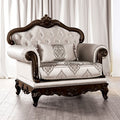 FM65002BG-CH Veracruz beige patterned fabric traditional accent chair dark cherry wood trim