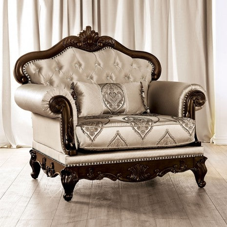 Veracruz Beige Patterned Fabric Traditional Accent Chair with Dark Cherry Wood Trim – FM65002BG-CH