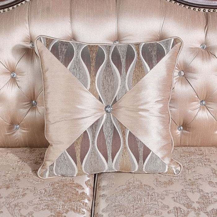 FM65002BR 2 pc Veracruz light brown patterned fabric traditional sofa and love seat set dark cherry wood trim