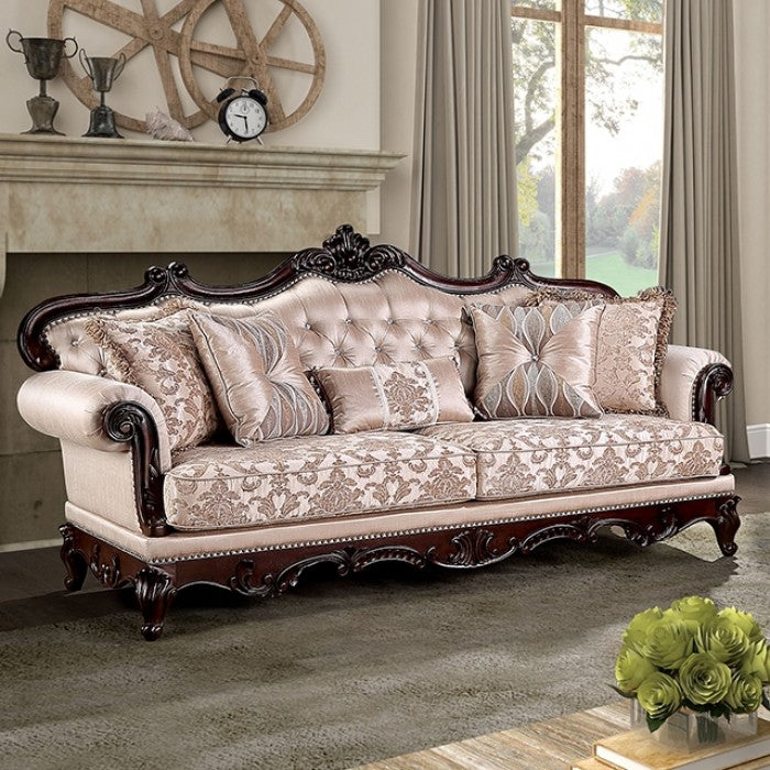 FM65002BR 2 pc Veracruz light brown patterned fabric traditional sofa and love seat set dark cherry wood trim