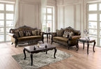 FM65003BR 2 pc Ensenada brown patterned fabric and leatherette traditional sofa and love seat set dark cherry wood trim
