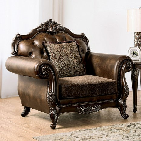 FM65003BR-CH Ensenada brown patterned fabric and leatherette traditional accent chair dark cherry wood trim