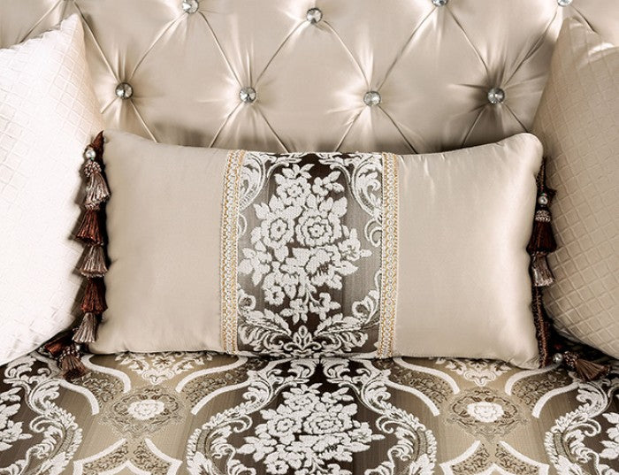 FM65004BG 2 pc Yucatan beige fabric traditional sofa and love seat set dark cherry wood trim