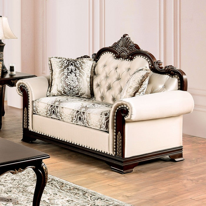 FM65004BG 2 pc Yucatan beige fabric traditional sofa and love seat set dark cherry wood trim