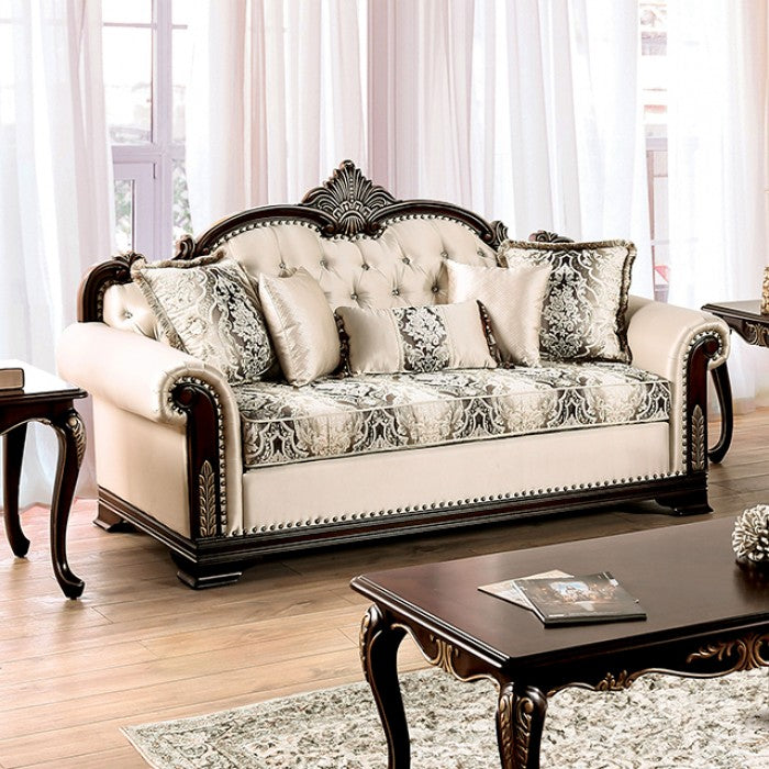 FM65004BG 2 pc Yucatan beige fabric traditional sofa and love seat set dark cherry wood trim
