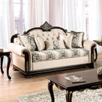 FM65004BG 2 pc Yucatan beige fabric traditional sofa and love seat set dark cherry wood trim