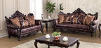FM65005BR 2 pc Palencia dark cherry finished wood trim brown leatherette tufted backs traditional sofa and love seat set