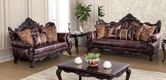FM65005BR 2 pc Palencia dark cherry finished wood trim brown leatherette tufted backs traditional sofa and love seat set