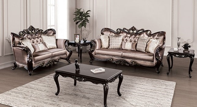 FM65006BR 2 pc Albacete brown damask patterned fabric traditional sofa and love seat set dark cherry wood trim