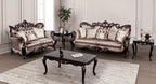FM65006BR 2 pc Albacete brown damask patterned fabric traditional sofa and love seat set dark cherry wood trim