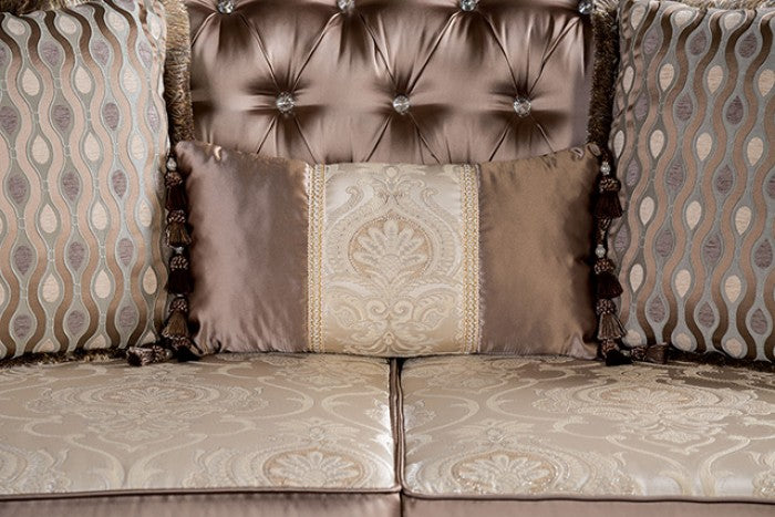 FM65006BR 2 pc Albacete brown damask patterned fabric traditional sofa and love seat set dark cherry wood trim