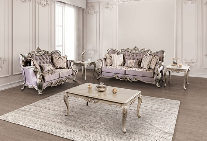 FM65006PR 2 pc Albacete purple damask patterned fabric traditional sofa and love seat set dark champagne wood trim