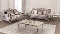 FM65006PR 2 pc Albacete purple damask patterned fabric traditional sofa and love seat set dark champagne wood trim