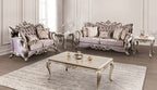 FM65006PR 2 pc Albacete purple damask patterned fabric traditional sofa and love seat set dark champagne wood trim