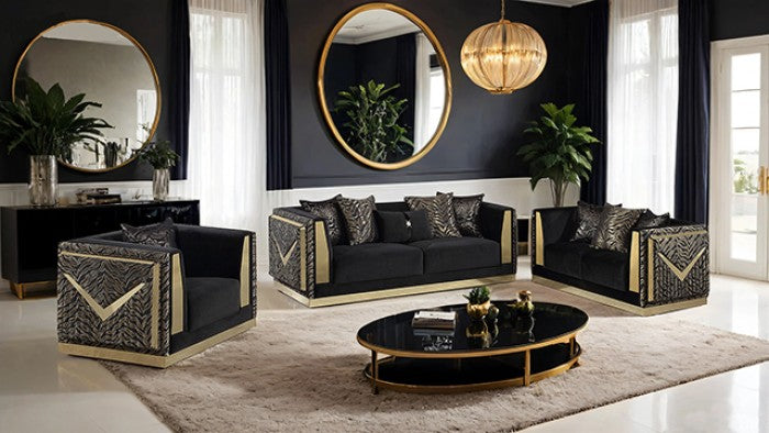 FM67000BK-SL 2 pc Doriphei black velvet fabric zebra print with gold trim accents sofa and love seat set