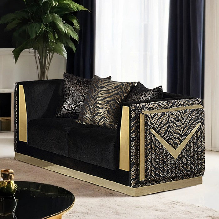 FM67000BK-SL 2 pc Doriphei black velvet fabric zebra print with gold trim accents sofa and love seat set