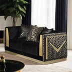 FM67000BK-SL 2 pc Doriphei black velvet fabric zebra print with gold trim accents sofa and love seat set