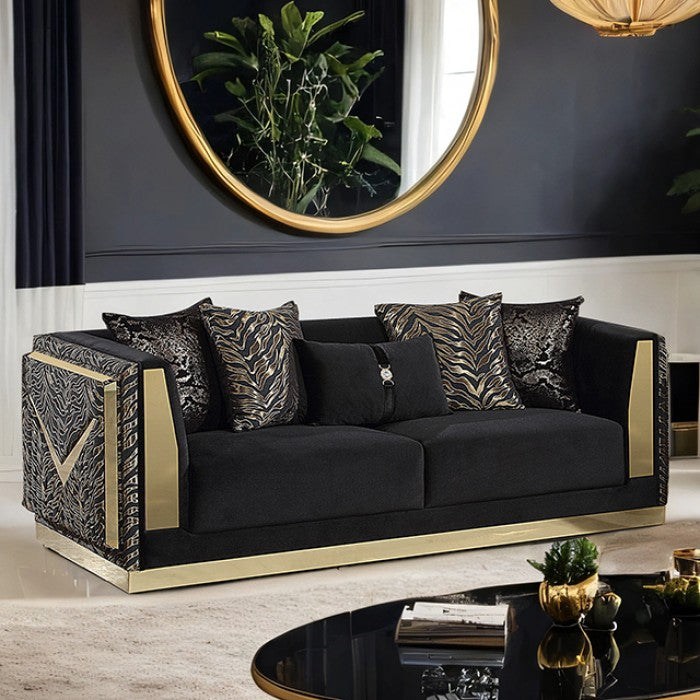 FM67000BK-SL 2 pc Doriphei black velvet fabric zebra print with gold trim accents sofa and love seat set