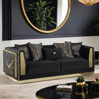 FM67000BK-SL 2 pc Doriphei black velvet fabric zebra print with gold trim accents sofa and love seat set