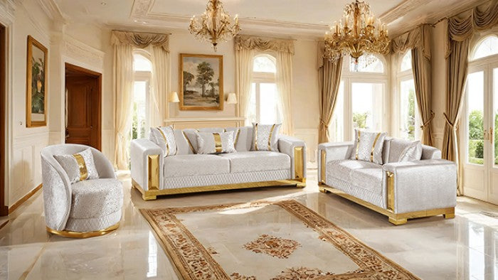 FM67001BG-SL 2 pc Valdosta beige velvet fabric with gold trim accents sofa and love seat set