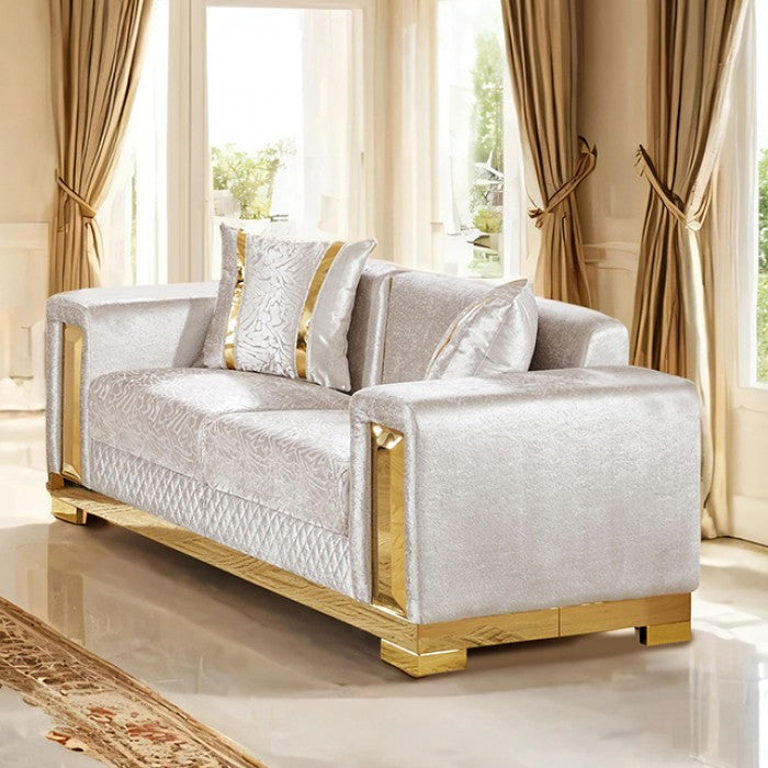 FM67001BG-SL 2 pc Valdosta beige velvet fabric with gold trim accents sofa and love seat set
