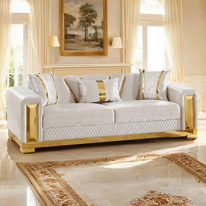 FM67001BG-SL 2 pc Valdosta beige velvet fabric with gold trim accents sofa and love seat set