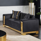 FM67001BK-SL 2 pc Valdosta black velvet fabric with gold trim accents sofa and love seat set