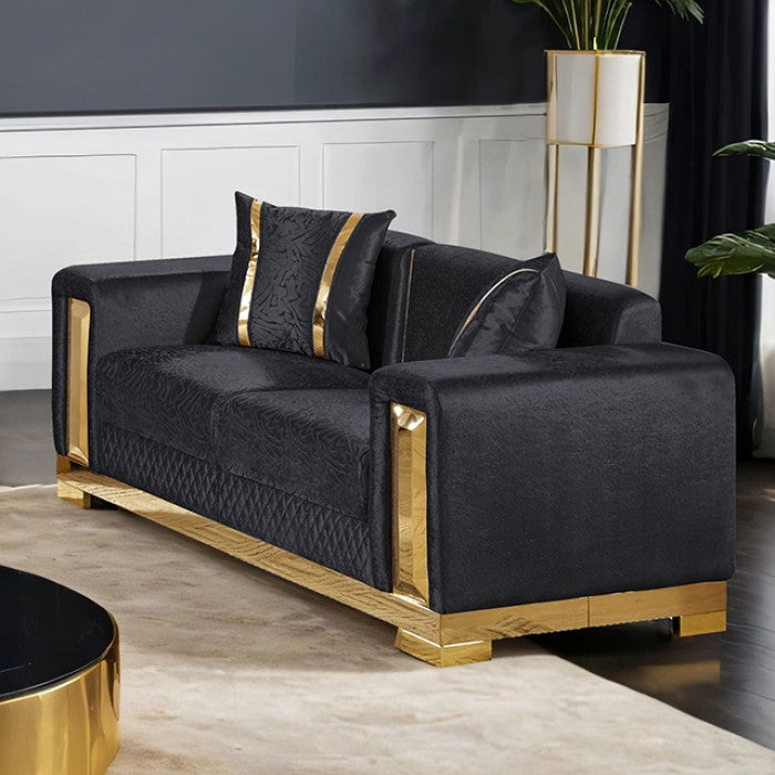 FM67001BK-SL 2 pc Valdosta black velvet fabric with gold trim accents sofa and love seat set