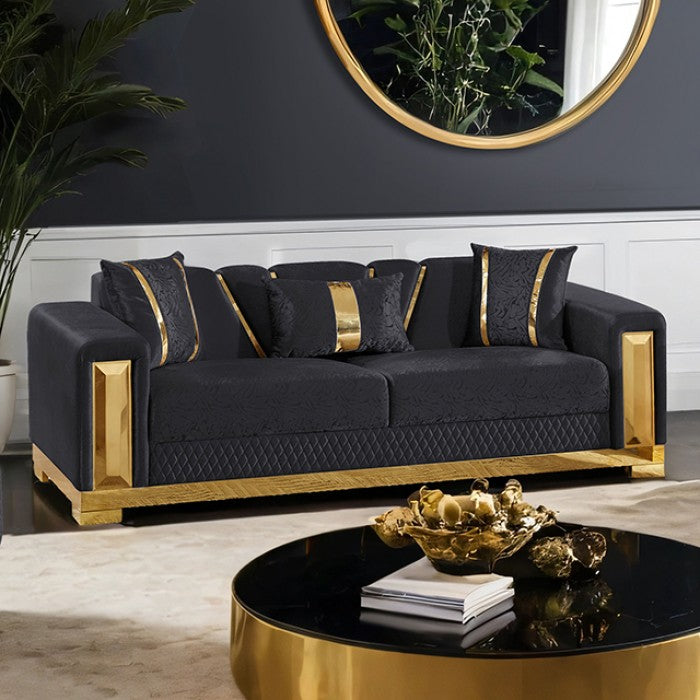 FM67001BK-SL 2 pc Valdosta black velvet fabric with gold trim accents sofa and love seat set