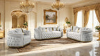 FM67002BG-SL 2 pc Adelpha beige fabric tufted / pleated accents with gold trim sofa and love seat set curved arms