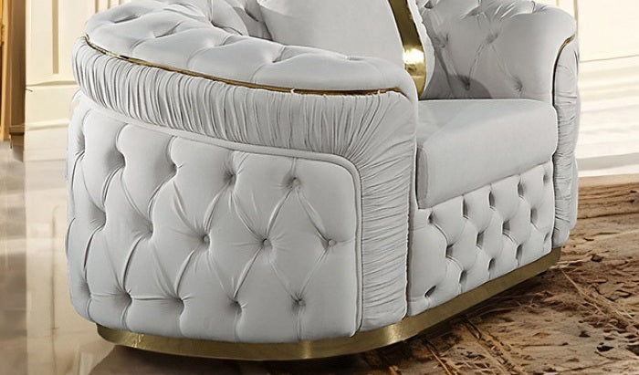 FM67002BG-SL 2 pc Adelpha beige fabric tufted / pleated accents with gold trim sofa and love seat set curved arms