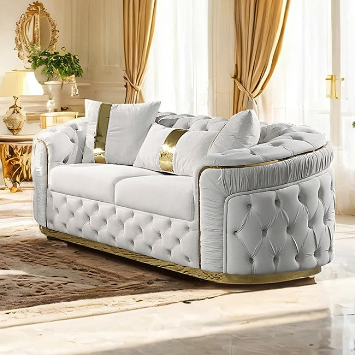 FM67002BG-SL 2 pc Adelpha beige fabric tufted / pleated accents with gold trim sofa and love seat set curved arms