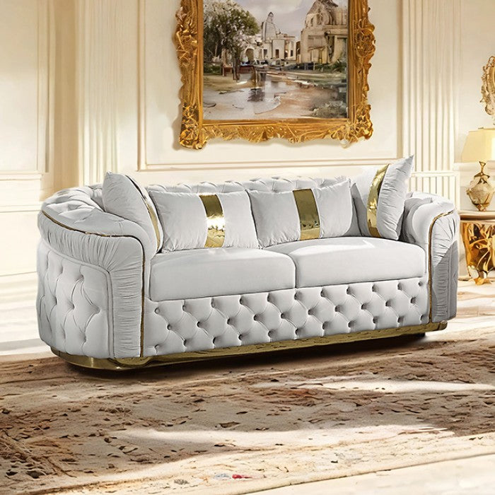 FM67002BG-SL 2 pc Adelpha beige fabric tufted / pleated accents with gold trim sofa and love seat set curved arms