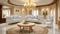 FM67003BG-SL 2 pc Charlevoix beige fabric tufted accents with gold trim sofa and love seat set curved arms