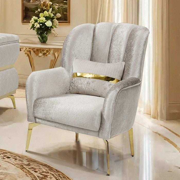 FM67003BG-SL 2 pc Charlevoix beige fabric tufted accents with gold trim sofa and love seat set curved arms