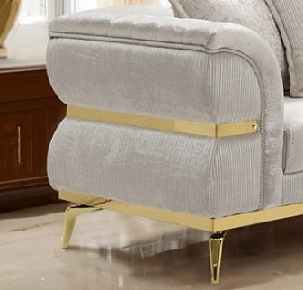 FM67003BG-SL 2 pc Charlevoix beige fabric tufted accents with gold trim sofa and love seat set curved arms