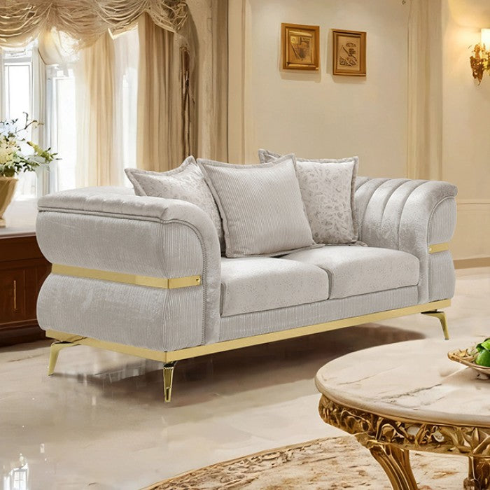 FM67003BG-SL 2 pc Charlevoix beige fabric tufted accents with gold trim sofa and love seat set curved arms