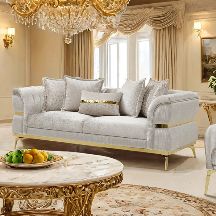 FM67003BG-SL 2 pc Charlevoix beige fabric tufted accents with gold trim sofa and love seat set curved arms
