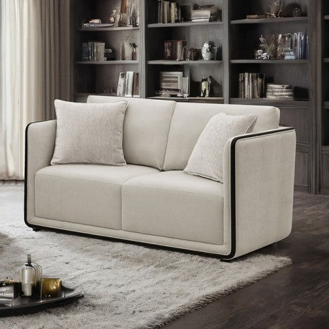 FM67004TP-SL 2 pc Benilde taupe chenille fabric with black wood trim accents feather blend sofa and love seat set