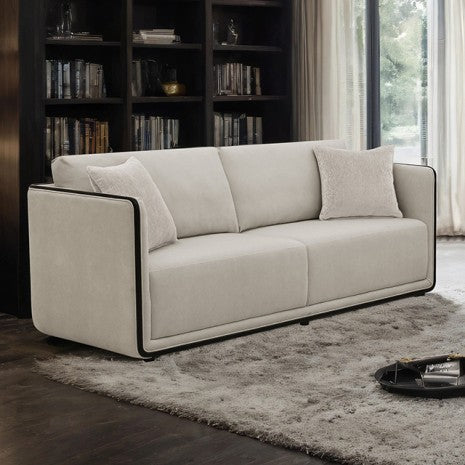 FM67004TP-SL 2 pc Benilde taupe chenille fabric with black wood trim accents feather blend sofa and love seat set