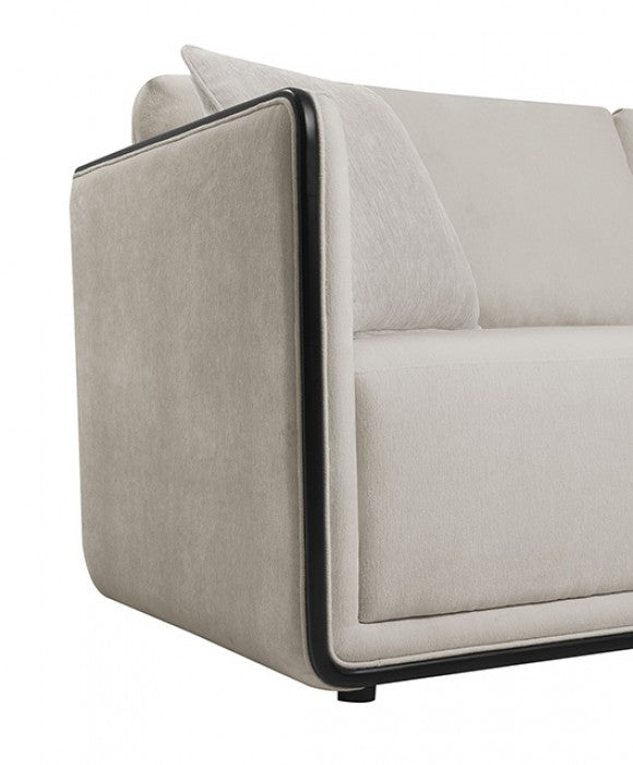 FM67004TP-SL 2 pc Benilde taupe chenille fabric with black wood trim accents feather blend sofa and love seat set
