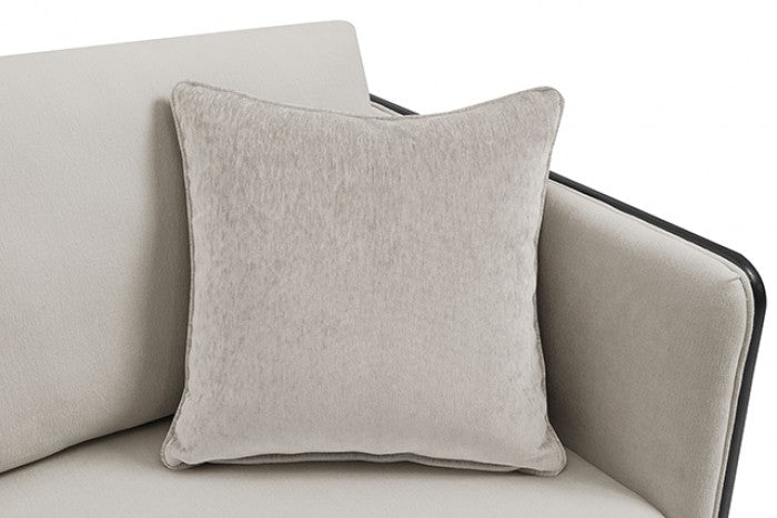 FM67004TP-SL 2 pc Benilde taupe chenille fabric with black wood trim accents feather blend sofa and love seat set