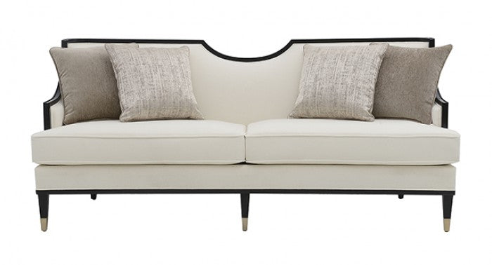 FM67005WH-SL 2 pc La Salle white chenille fabric with black wood trim accents feather blend sofa and love seat set