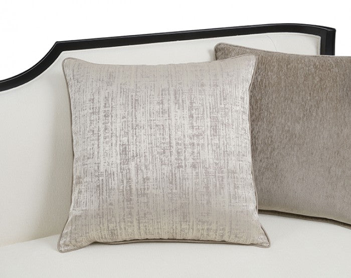 FM67005WH-SL 2 pc La Salle white chenille fabric with black wood trim accents feather blend sofa and love seat set