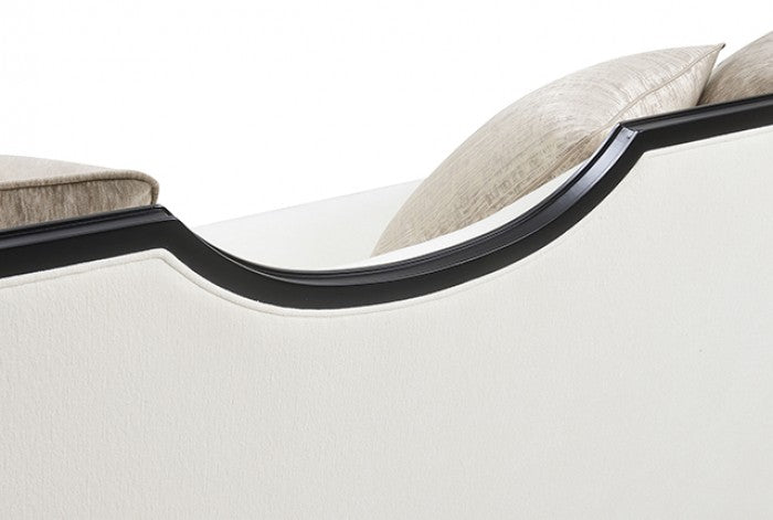 FM67005WH-SL 2 pc La Salle white chenille fabric with black wood trim accents feather blend sofa and love seat set